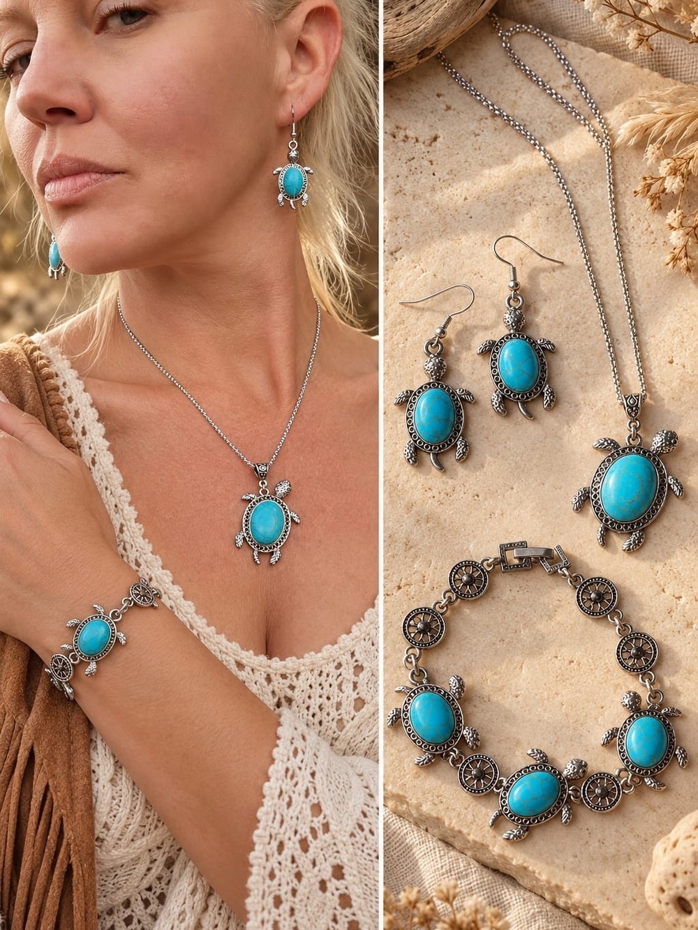Turquoise Turtle Pendant Necklace & Earring Set - Women Jewelry